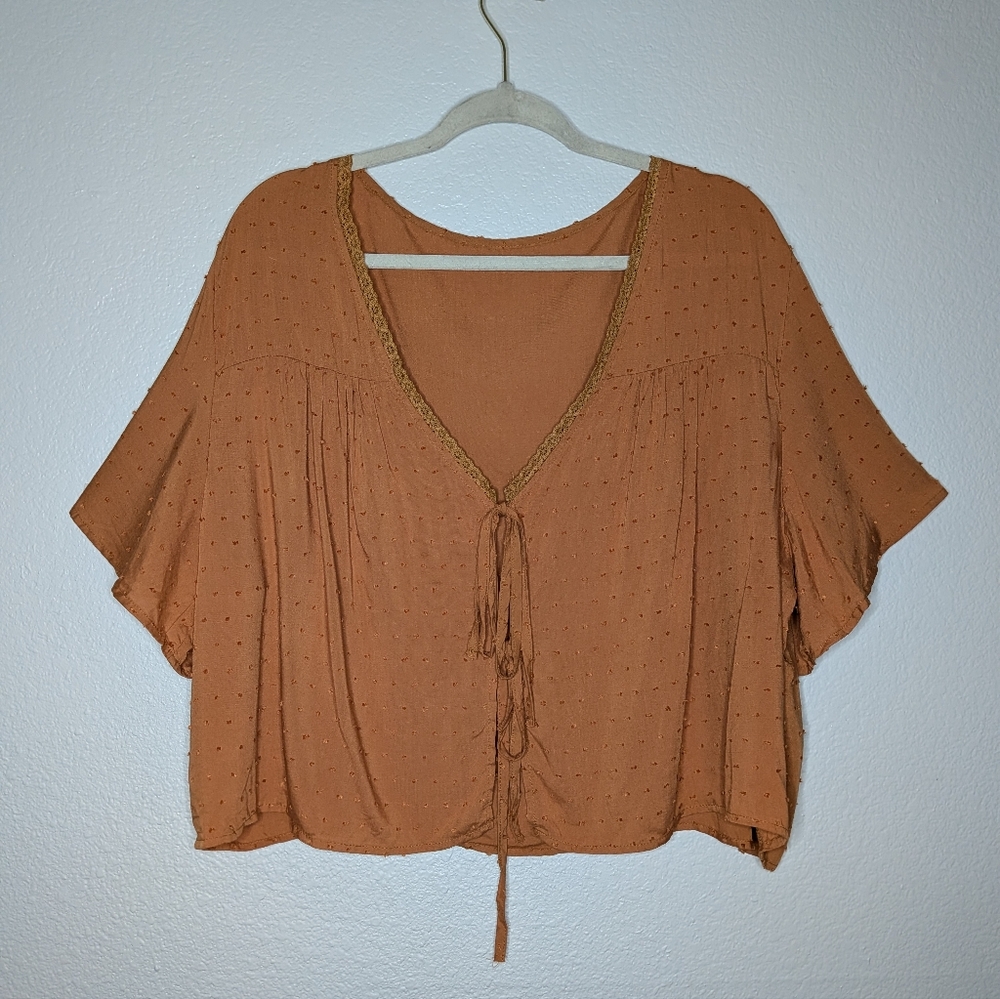 SHEIN Curve Womens Brown Textured Y2K Dotted Tie Front Relaxed Crop Top 4X